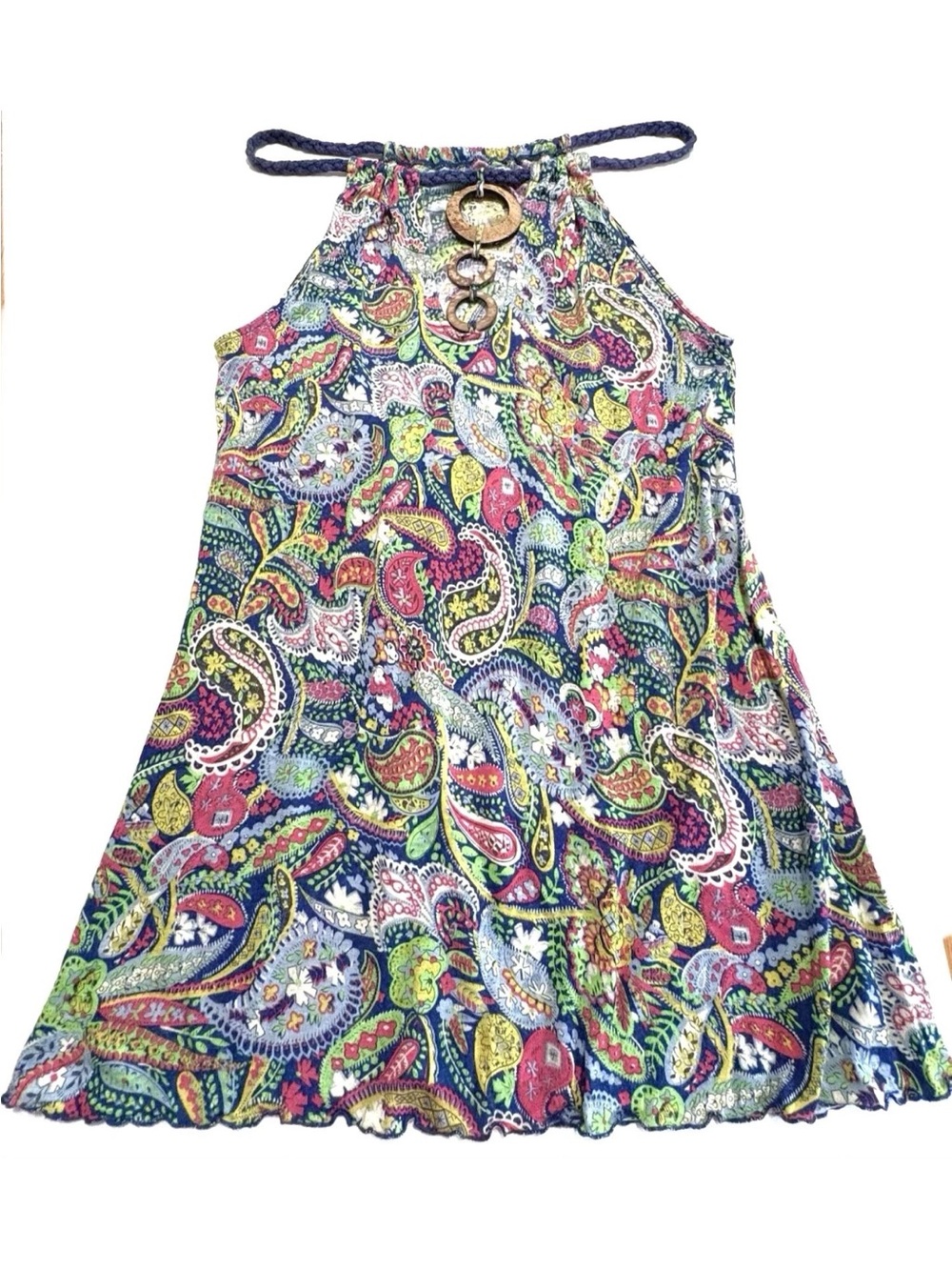 FREE PEOPLE Mini Dress - Sleeveless Paisley Tunic Top Wood Rings Rope Strap